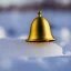 Placeholder: long shot of exquisite tiny gold bell half buried in snow, warm colors, soft lighting, snowdrift, long shot, soft focus, extreme wide shot