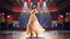 Placeholder: full body shot of a very beautiful tajik lady with makeup and bob hair, wearing a pretty long skirt and heels, dancing gracefully on a modern stage with luxury structure and dynamic color lights.