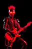 Placeholder: A realistic 4K robot terminator with a red punk crest playing bass, black background, flames all around him.