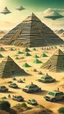 Placeholder: Ancient pyramids with homes around. People driving spaceships