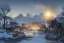 Placeholder: highly detailed small village scene, sunrise, illustration, background snowy mountains, cinematic lighting, 4k, 8k, octane render, digital concept art, trending on artstation, pinterest, extremely detailed, ambient lighting.