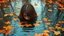 Placeholder: surreal and dreamlike, a serene river scene featuring a young woman with straight hair, face down in the water, with ripples around him, surrounded by autumn leaves floating on the surface, saturated, pastel, dreamy atmosphere, liquid psychedelic