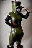 Placeholder: Steam-punk style random-mask. Large fencing mask covers chin and cheeks. Hot girls. Reflective surface on face, full coverage, reflective. Camera lenses ball eyes. Head full of integrated old-fashioned cameras and phone. Army green surfaces body, latex. Perfect body, thick thighs and calves. Asa Akira's body. Wide hip, skirt bleats nicely. Partly symmetrical. Straitjacket. Rusty and decayed background. Steam-plunge air-bottles. Euclidean 3D-tiling walls. surrealistic. Oppressive atmosphe