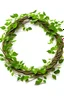 Placeholder: Round frame made of strong branches wrapped in green leaves, no cut parts and everything on a white background.