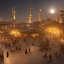 Placeholder: middle east castle with mosque and people walking through the market , night , cloud in the sky , full moon , bird in the sky,fire place in the bazaar , high resolution, super realistic, unreal engine, cinematic lighting,