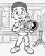 Placeholder: coloring page, depicting a black kid as a camera man, full body, outline, black and white, highly defined, white background, empty background, cartoon style, coloring book style