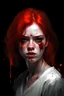 Placeholder: A red-haired girl with freckles. Oil portrait style. She got tired of long hair and had a bob cut. Dark palette. The girl radiates light. There is a lot of red light. . A lot of blood. The white shirt is covered in blood. Red eyes. Waist-high. An angry look. Vamrir's fangs.