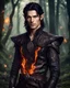 Placeholder: Handsome Fantasy male elf mage, with black hair, emerald green eyes, intricate fiery mystical symbols on his leather armor, an ancient forbidding dark forest in the background, detailed, high resolution, fantasy portrait, photo shooting
