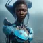 Placeholder: portrait,beautiful african robotic sirene, post-apocalyptic in a cyberpunk city, realistic, intriacte detail, sci-fi fantasy style, volumetric lighting, particales,highly detailed,cinematic, deep blue.