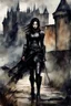 Placeholder: a young black-haired girl in medieval black armor on the castle grounds, dark tones, watercolor, dark fantasy, bad weather, gloomy day, dark world, sketch art, fine lines, grunge, sensual, darkness, by Raymond Swanland & Alyssa Monks & Anna Razumovskaya