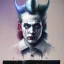 Placeholder: white face clown makeup, cat, handsome, circus, jester's hat, portrait, melancholy expression, trace light, Paint spatters, muted drips, sad, sad clown face paint, thomas rollus child of light, Thomas Rollus, fantasy, anime, volumetric lighting, sun shafts, spectral, illuminated, gothic colors, modern fairy tale, high detail, red leaf tree, perfect