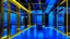 Placeholder: Minimalist cubic interior space with steel walls, ceilings and floors illuminated with neon lights in blue and gold tones where characters of different kinds pass through.