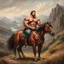 Placeholder: a big muscle man sitting on a horse in hills like a 19th painting