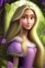 Placeholder: Princess Rapunzel, with a very beautiful and small round face, with neutral and consistent makeup, with a charming look, with a very wonderful dress in a very beautiful garden