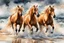 Placeholder: Stunning watercolor style portrait of three powerful palomino horses, galloping strong on the seashore. The waves crash behind them, the sky is filled with stormy clouds. Their manes and tails flutter in the wind and their muscles become defined as they exert their strength. Dynamic, energetic atmosphere, capturing the essence of freedom and power