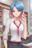 Placeholder: yugioh art style, character design, character concept art, realistic manhwa art for beautiful striking female teacher in the classroom, crimson hair with pink tips, blue Hair bobbles, bob haircut, blue eyes, light make-up, ruby lips, smooth, soft face, sculpted body, toned physique. she wearing sleeveless satin shirt that is white, classic collar shirt, cropped shirt, deep v-neck, elegant, passionate and beauty, red skirt, silver bracelet. Miki Asai Macro photography, vector art, sketch art, hyp