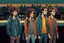 Placeholder: whimsical stylized illustration of young people with big eyes, tiny nose, tiny mouth and messy hair in complementer colors cloths, they stand in line on a high rooftop, surreal, thriller mood, smooth blending, extremely detailed, realistic textures, lights and shadows, cinematic, dark mood