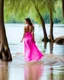 Placeholder: beautiful girl in pretty pink -blue dress walking in water toward camera in trees next to wavy river with clear water and nice sands in floor.camera capture from her full body front, spring blosom