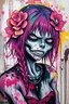 Placeholder: graffiti art of cartoon zombie girl , elaborate acrylic spray paint by Yoji shinkawa + nick Edwards style with bold brushstrokes, romantic, vibrant saturated natural color