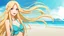 Placeholder: Attractive Anime Woman With Very Long Blonde Hair, Bikini, Full Body In Frame, Beach, Red Cheeks, Skinny, Looking At Camera, Smiling