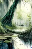 Placeholder: Landscape of a swamp with dense ancient trees, ivy, fallen trees lay in the water, wide angle, watercolor, very fine brush, rich in details, realistic