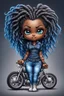 Placeholder: create an airbrush illustration of a chibi cartoon voluptuous black female wearing a blue jean outfit with biker boots. Prominent make up with hazel eyes. Extremely highly detail of a twisted dreadlocks. Background of a bike show.