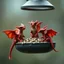 Placeholder: three small fantastical baby winged red dragons standing on the lip of a hanging birdfeeder eating the seed, Cinematic film still, shot on v-raptor XL, film grain, vignette, color graded, post-processed, cinematic lighting, 35mm film, live-action, best quality, atmospheric, masterpiece, epic, stunning, macro photo