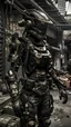 Placeholder: black armed female figure in sci-fi battle armor with cybernetic helmet, aiming on one knee, mask, sci-fi visor, bald head, armed figure, weapon in hand, aiming, plate armor, insulated armor, spacesuit, lots of small details, sci-fi movie style, on a ruined city street, overcast, photography, natural textures, natural light, natural blur, photorealism, cinematic rendering, ray tracing, highest quality, highest detail, Cinematic, Third-Person View, Blur Effect, Long Exposure, 8K, Ultra-HD, Natura