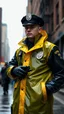 Placeholder: retro nypd full body color 1920 black policeman wtih heavy yellow rain transparent coat with thompson