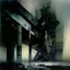 Placeholder: Dark Contemporary abstract painting of Lebbeus Woods brutalist architecture in a wasteland techno decaying landscape. Hazy foggy night sky. Concrete ground. Exposed twisted concrete and pipes. Style Justin Mortimer and Francis Bacon. Close up