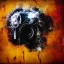 Placeholder: photographic camera mixed with skull in abstract style. fog and smoke in atmosphere. bokeh, lens flare. Dark mood. Dripping paint. oil on canvas, high detailed.