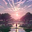 Placeholder: In the anime, a young male character is near the green lake in the sunset afternoon.