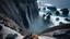 Placeholder: Fish-eye perspective from a climber's viewpoint inside a massive, C-shaped coastal cliff formation. Looking down into a large, natural amphitheater-like cove. The ocean dramatically waterfalls into the cove through the opening of the 'C'. The sky is only visible through this same opening. Dark, striated, curving cliff walls enclose the space. Turbulent ocean water below, deep blue and turquoise, with crashing waves. Photorealistic, 8k resolution, highly detailed, immense scale, enclosed feeling