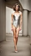 Placeholder: beautiful anorexic woman, total shot, short silver swimsuit, short brunette wavy bob hair, blurred concrete background