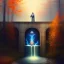 Placeholder: spray painted fantasy art, blurred realism, color corrected, white balance, book illustration,realistic bald priest by a dam ,autumn water, colorful, evening