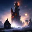 Placeholder: nightsky, blue, black, fields, abandoned buildings, ruins, cottage, gothic castle, metallic, gold, shiny,