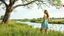 Placeholder: a beautiful lady in nice decolte mini dress sport shes in country side next to river and big tree,wild flowers standing