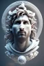 Placeholder: Ultra Realistic image, Roman sculpture, white marble material, Lionel Messi, sun radial crown, chisel style, waist up portrait, epic, celestial, cinematic lighting, God light, god rays, 4k resolution, smooth details, ornate details, soft lighting, unreal engine 5, marble background.