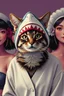 Placeholder: cat with shark mask hat solana surrounded by beautiful model women japanese style in the style of warhol