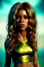 Placeholder: portrait, Shakira, make-up, angry, Realistic image, superhero, retro, dc style, gold make-up, blood, sweat, fog, goddess. Black background, photo studio, concept art, smooth, unreal engine 5, god lights, ray tracing, RTX, lumen lighting, ultra detail, volumetric lighting, 3d, finely drawn, high definition, 4k.