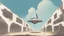 Placeholder: Small, sleek cargo spaceship, built like a teardrop, landing in an empty ruined alien street, blue sky, foliage