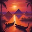 Placeholder: A mystical scene featuring ancient Egyptian pyramids at sunset. The sky is ablaze with vibrant orange and purple hues. The pyramids are bathed in golden light, casting long shadows. Palm trees line the Nile River, where a traditional boat with rowers glides gracefully on the calm water. The overall ambiance is serene and majestic, capturing the grandeur and mystery of ancient Egypt.