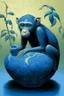 Placeholder: A blue water elemental monkey designed in African pottery painted by Birge Harrison