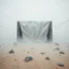 Placeholder: Photograph, wasteland, bright reflective aluminum cover, Truman show, fog, brutalist concrete architecture, room, rocce, grey sky, winter, liquid, polvere, red spot, open air museum style, wires, apparecchi elettronici, powder, minimalist, details of the dust very accentuated, deep 3d field