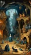 Placeholder: Bosch painting style nightmare, city under ground with dim lights and small fires in the scary caves a king sitting on a throne surrounded by his guards and animals