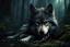 Placeholder: sad small scruffy wolf with a chain around its neck laying down eyes closed, photorealistic, dark fantasy, forest