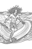 Placeholder: Outline art for coloring page OF A BUFF NATIVE SURFER WITH BIG CURLY KINKY HAIR WEARING SHORTS RIDING A SURFBOARD ON A WAVE, coloring page, white background, Sketch style, only use outline, clean line art, white background, no shadows, no shading, no color, clear