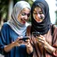 Placeholder: Happy Female students wearing hijab watching smartphone