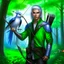 Placeholder: Please create an image for a young elven male with light brown skin, silver hair, and green eyes. He is standing outside in the forest during springtime, wearing leather armor and wielding a large crossbow. He is accompanied by a mechanical bird, a walking suit of armor, and an owl