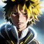 Placeholder: Detailed anime portrait of denki my hero academia, yellow hair, black suit, intricate details, full body portrait, keep head in frame, slight smile, black Japanese motif, concept art, highly detailed, digital painting, concept art, sharp focus, illustration, art by Yoji Shinkawa, WLOP and greg rutkowski and alphonse mucha and artgerm and yanjun Chen and Junji ito and Makoto Shinkai, HDR, octane render